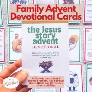 May include: A set of white rectangular cards titled The Jesus Story Advent Devotional with green and red text. The central card features a manger illustration and the subtitle 25 Days of Encountering God & Making Memories with Your Family Through the Christmas Story. Other cards with colorful borders and illustrations are visible in the background.