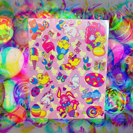 Vintage 80s Easter Lisa Frank complete FULL STICKER SHEET w Markie the  Unicorn plus Easter eggs, tulips, baskets, kittens, oh my a flamingo