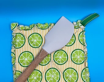 Citrus Potholder • Lime Hot Pad • Yellow Striped Kitchen Decor • Handmade Hanging Potholder