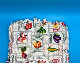 Farmhouse Vegetable Potholder • Quilted Seed Packet Hot Pad • Rustic Kitchen Decor • Garden Lover Gift