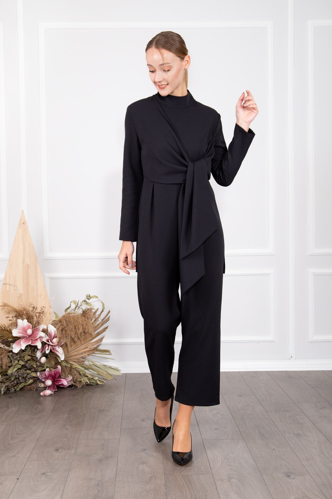 Black Jumpsuit for Women Belt Detailed Long Sleeve Jumpsuit Etsy