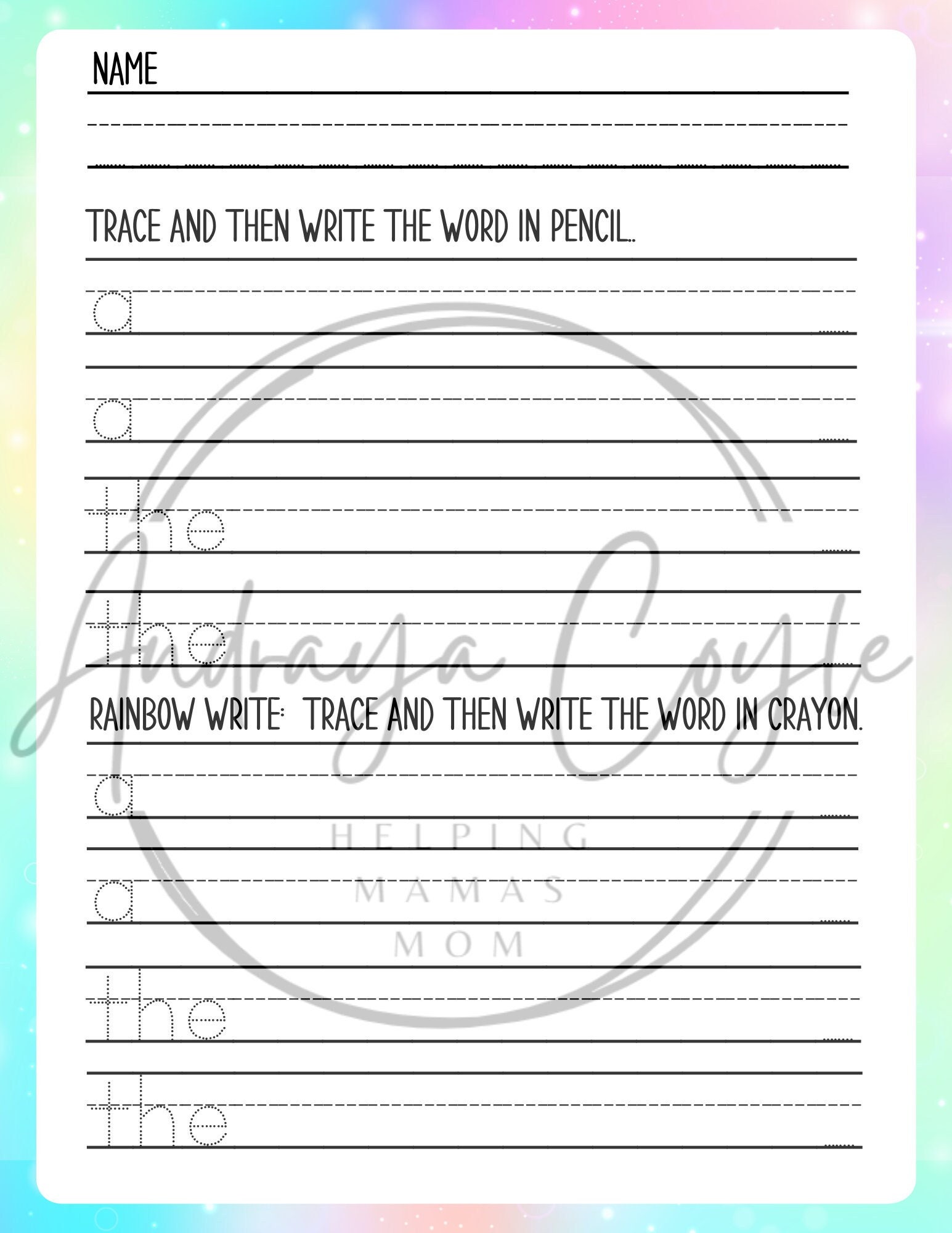 PRINTABLE High Frequency Words Practice: a &amp; The - Etsy
