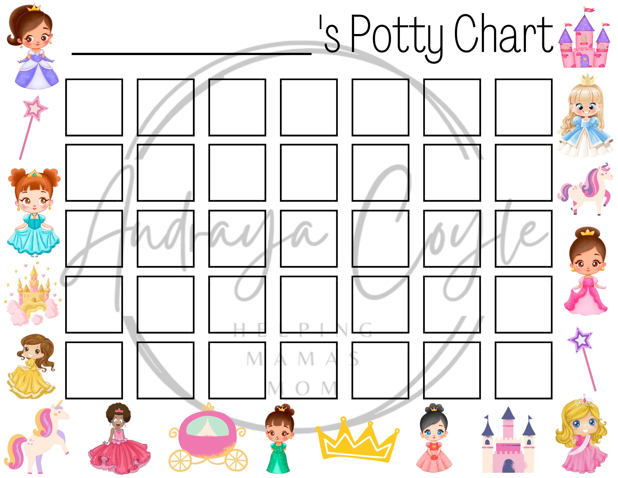 PRINTABLE Princess Potty Training Chart Digital Instant Download Etsy