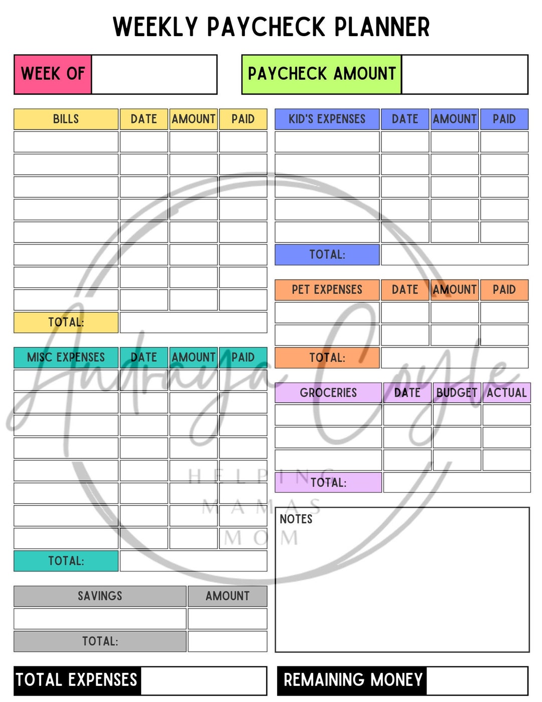 PRINTABLE Weekly Paycheck Planner - Digital Instant Download - Etsy
