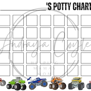 May include: A printable potty training chart with a monster truck theme. The chart has 36 squares for marking potty training progress. The chart is decorated with monster trucks in various colors.