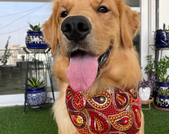 Dog Bandana, Embroidery Dog bandana, Traditional Dog bandana & bow clip, dog human matching, pet accessories, Indian, Gujarati