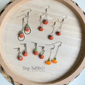 Pumpkin Halloween Earrings, Simple Drop Dangle Earrings, Light Holiday Jewelry, Fall Earrings, Silver Chain, Orange Pumpkin Charm Earrings