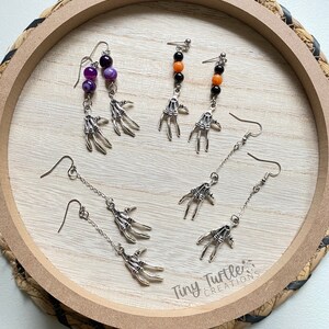 Skeleton Hand Halloween Earrings, Simple Drop Dangle Earrings, Holiday Jewelry, Fall Earrings, Silver Chain, Skeleton Charm Earrings