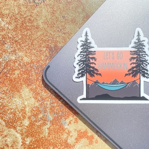 Let&#39;s Go Hammocking Sticker, Hammock Sticker, Outdoor Sticker, Mountain Sticker, Sunset Sticker, Laptop Sticker, Water Bottle Sticker
