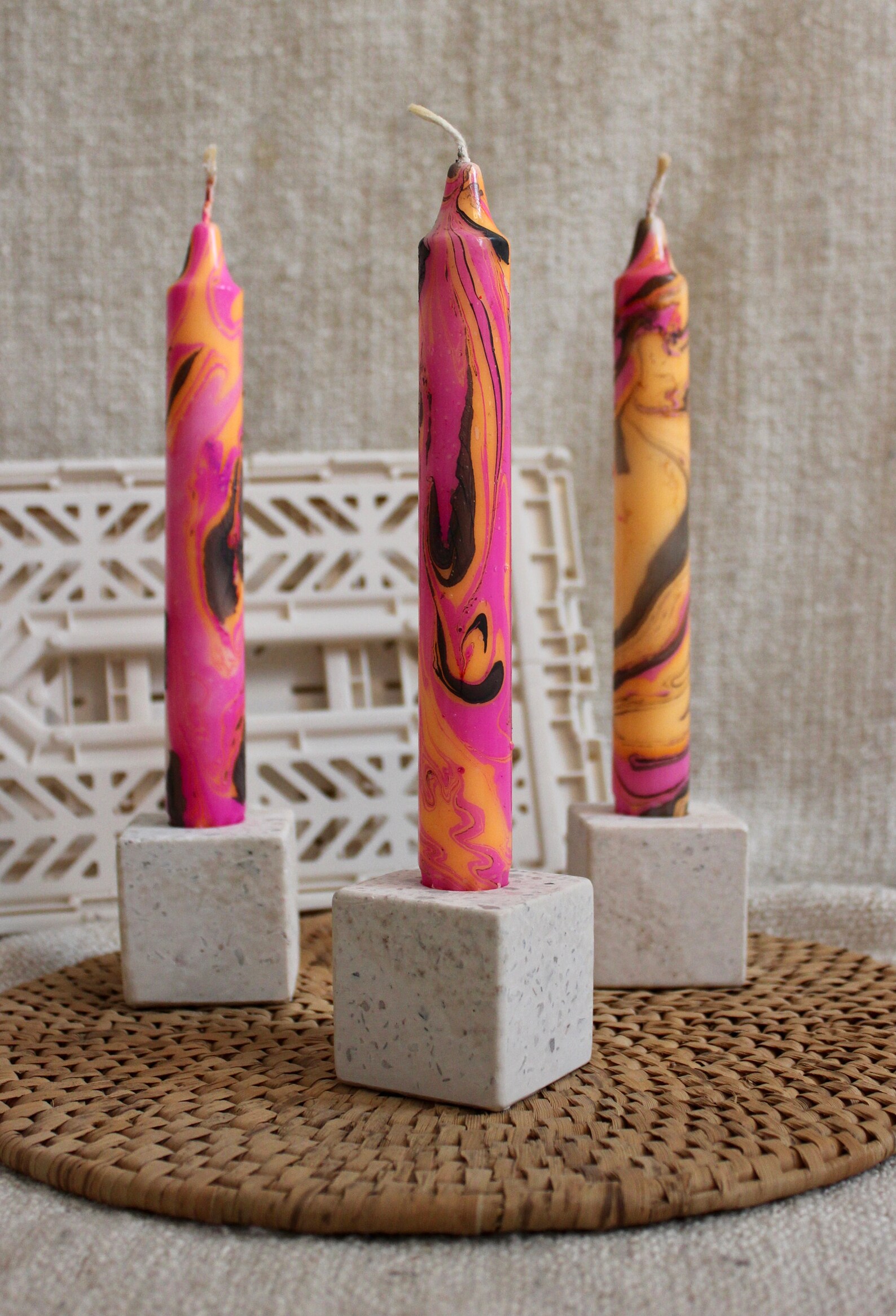 Marbled candle / bar candle / pink orange & grey Etsy