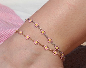 Stainless Steel Anklet and Bracelet Set with Flower Chain, Daisy Flower Anklet,Boho anklet,Dainty Anklet for women,Gift for her