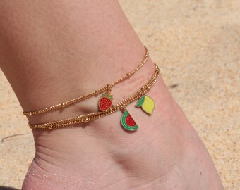 Fruit anklet, fruit jewelry, strawberry, watermelon, lemon, stainless steel anklet, dainty anklet, waterproof anklet, gift for her, summer