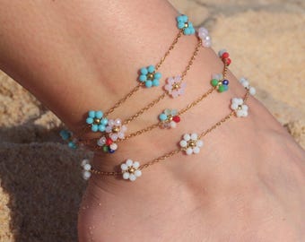 Stainless Steel Anklet and Bracelet Set with Flower Chain, Beaded Flower-Adjustable Length,Beaded anklet,Dainty Anklet for women, Gold chain