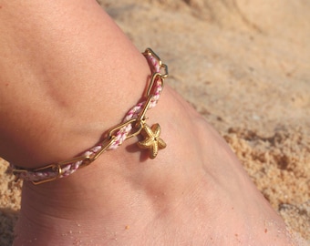 Starfish anklet, Gold and silver, Woven cord anklet, Stainless steel anklet, Dainty anklet, Gift for her