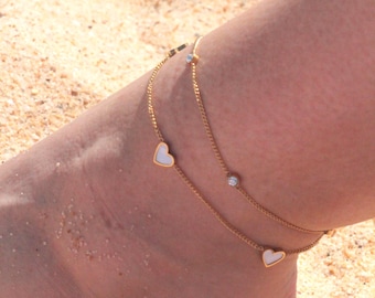 Heart anklet, Gold and silver, Double anklet, Stainless steel anklet, Water resistant anklet, Dainty anklet, Gift for her