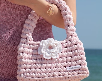 Handmade Crochet Knitted Shoulder Bag, Cute Crochet bag, Trendy crochet bag, Flower Bag, Beaded Bag, Custom Bag, Pink Bag, Gift for her