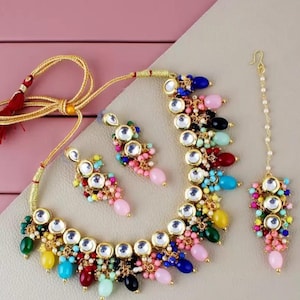 Multicolor Beaded Kundan Necklace Set with Earrings & Maang Tikka Gold-Plated Traditional Jewelry | Indian Bridal Necklace Set | GIFTITEMIN