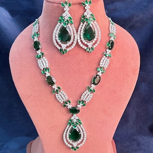 Green Stone Necklace Set: American Diamond Jewelry with Bracelet
