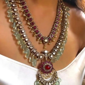 Kundan Bridal Set: Uncut Emerald Navratan Indian Necklace with Earrings