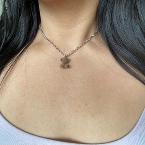 May include: A silver chain necklace with a small brown teddy bear charm.