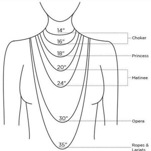 May include: Diagram showing different necklace lengths, from 14 inches to 35 inches, with corresponding names: Choker, Princess, Matinee, Opera, and Ropes & Lariats.
