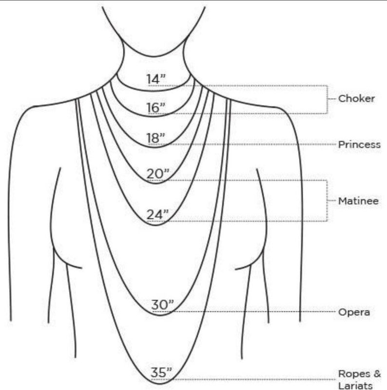 May include: Diagram showing different necklace lengths, from 14 inches to 35 inches, with corresponding names: Choker, Princess, Matinee, Opera, and Ropes & Lariats.
