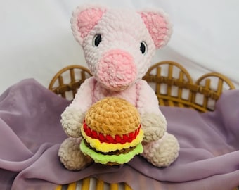 Crochet piggy plushie with cheeseburger