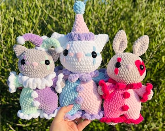 Crochet jester kitty and bunny pattern. Crochet jester bunny. Crochet jester cat.