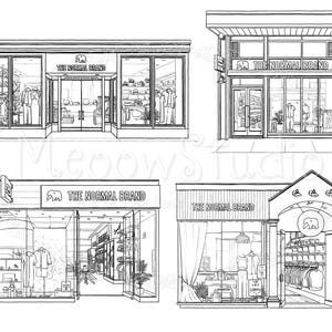 May include: A black and white line drawing of four storefront designs for a clothing store called "The Normal Brand". Each shopfront has a large window display and a sign above the door with the store's name and logo.