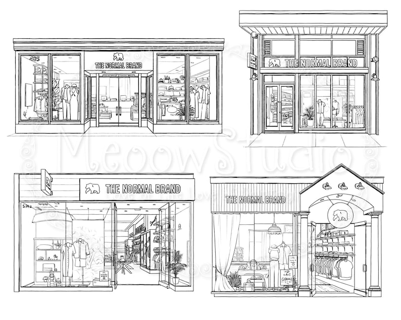 May include: A black and white line drawing of four storefront designs for a clothing store called "The Normal Brand". Each shopfront has a large window display and a sign above the door with the store's name and logo.