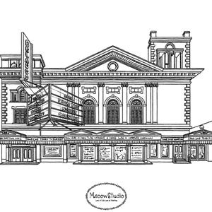 May include: Black and white line drawing illustration of a movie theatre building with a marquee sign that reads "From The Knights Of The Country".