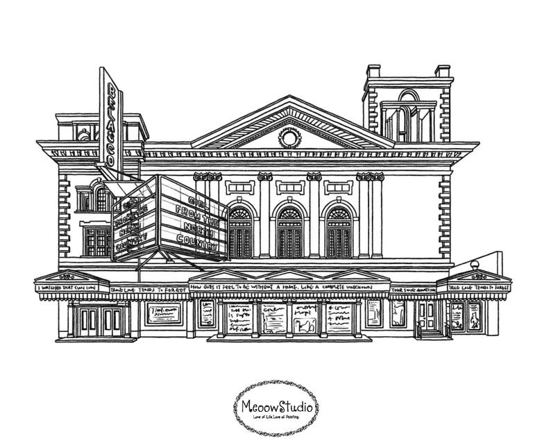 May include: Black and white line drawing illustration of a movie theatre building with a marquee sign that reads "From The Knights Of The Country".