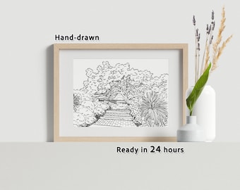 Custom Landscape Drawing from Photo, Hand Drawn Nature Sketch (No AI), Mountain Forest Beach Art, Travel Memory Gift