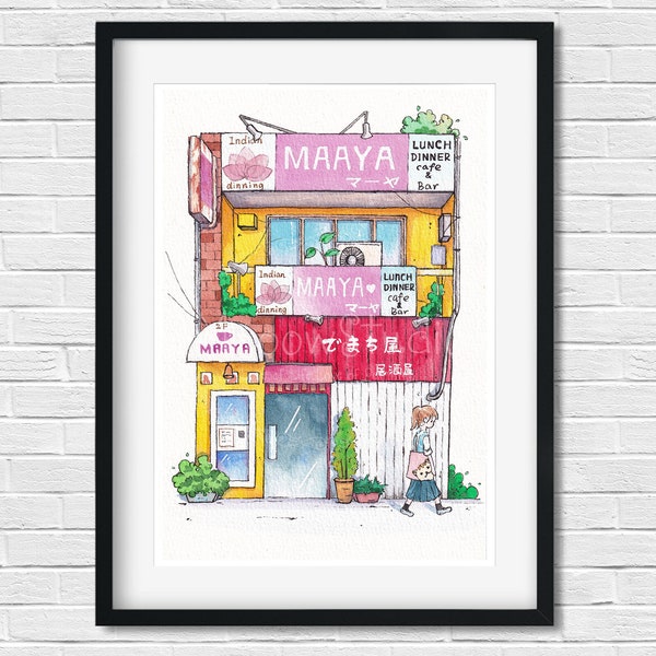 Japanese Storefront,Indian restaurant,Tokyo Wall Art,Asian Art,Japan Art Print,Tokyo Cityscape,Tokyo Painting,Japanese Art Print,Wall Art