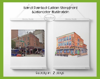 Custom Storefront Watercolor Illustration,Business Front,Commercial Building Painting,Restaurant,Bar,Boutiques,For Business Owner,Printable