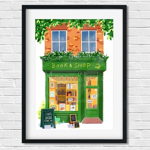 Ilustracja księgarni, Sztuka ścienna Streetscape, Zielony sklep z książkami, Księgarnia ze stosami książek, Abstrakcja boho, Sztuka czytania, Sztuka Bookworm