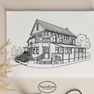May include: Black and white line drawing illustration of a two-storey building with a sign that reads "Wine Cellar". The building has a porch and a large tree in front of it.