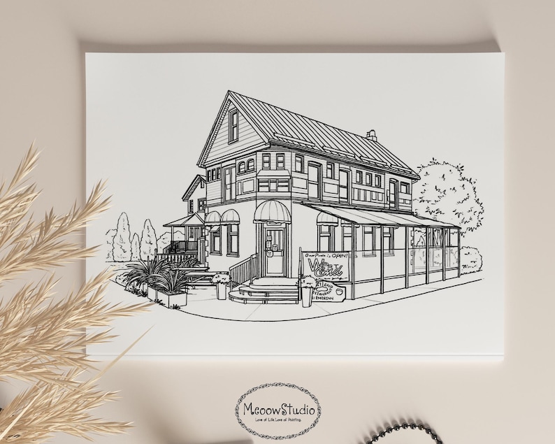 May include: Black and white line drawing illustration of a two-storey building with a sign that reads "Wine Cellar". The building has a porch and a large tree in front of it.