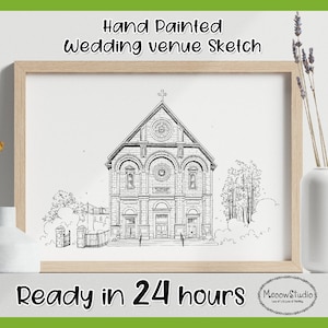 Illustration personnalisée de lieu de mariage, portrait de mariage/d'église sur mesure, lieu de dessin au trait, dessin à partir d'une photo, personnalisé dessiné à la main, horizon de la ville