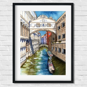 De Brug der Zuchten in Venetië, Italië Landschap, Aquarel, Europese stad Landmark Art, Printmaking, Art Print, Stadsillustratie, Muurkunst