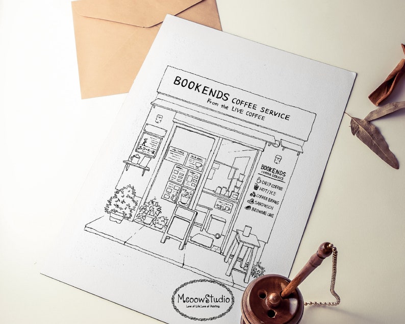May include: A black and white line drawing of a coffee shop storefront with the text "BOOKENDS COFFEE SERVICE From the LIVE COFFEE" above the door. The shop has a sign with the text "BOOKENDS COFFEE SERVICE" and a menu listing "DRIP COFFEE", "HOT/ICE", "COFFEE BEANS", "SANDWICH", and "BROWNIE CAKE".