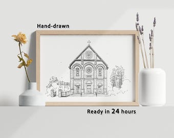 Custom Wedding Venue Illustration for Invitation, Hand Drawn Church Sketch (No AI), Drawing From Photo, Digital