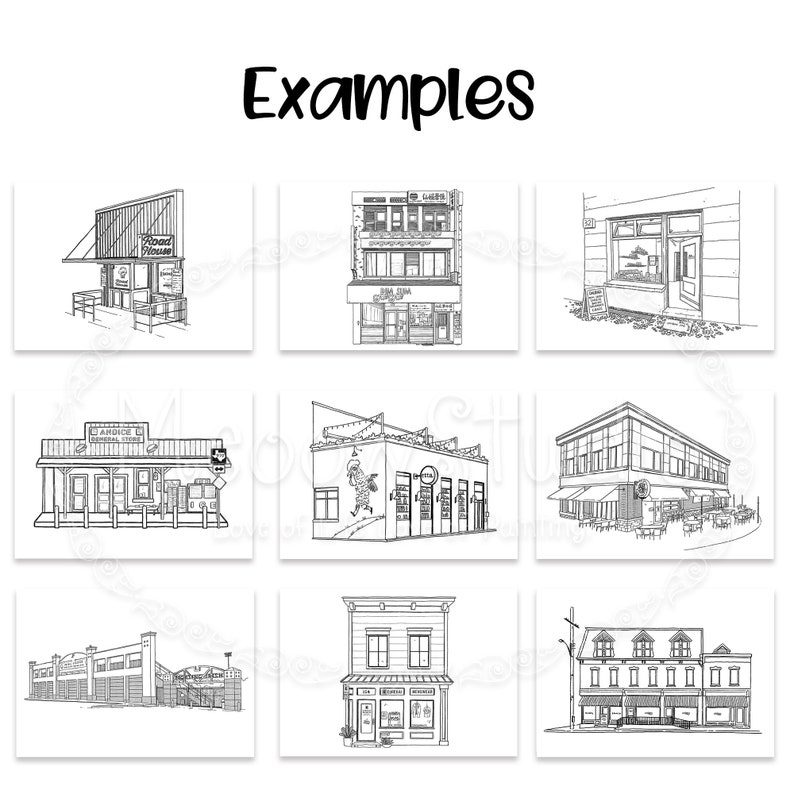 May include: Black and white line drawings of various shopfront buildings. The buildings are drawn in a simple style and include details like windows, doors, and signs. The drawings are arranged in a grid pattern.