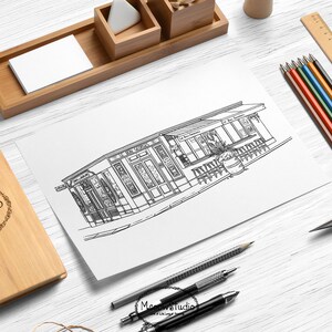 May include: Black and white line drawing of a shop front with the text "Le Barbouilleur" above the door. The shop front has a large window with a view of tables and chairs inside. There is a potted plant outside the shop front.