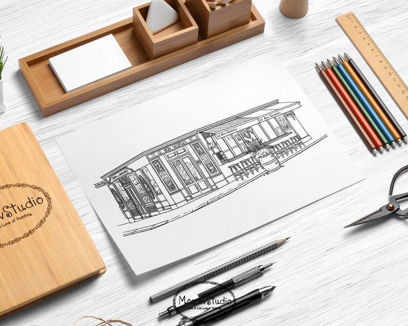 May include: Black and white line drawing of a shop front with the text "Le Barbouilleur" above the door. The shop front has a large window with a view of tables and chairs inside. There is a potted plant outside the shop front.