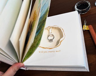 Hand-Painted  Hidden Ring Book, Custom Watercolor Love Story, Unique Proposal keepsake