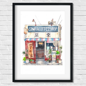 Japanse Storefront, Aziatische kunst, coffeeshop, straatbeeld, Wall Art Print, wanddecoratie, aquarel en inkt schilderij, afdrukbare kamer decor
