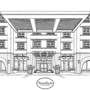 May include: Black and white line drawing of a hotel entrance with the text "Perry Lane Hotel" above the door. The hotel has a large awning and windows on either side of the entrance.