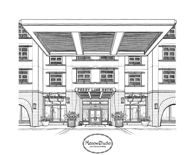 May include: Black and white line drawing of a hotel entrance with the text "Perry Lane Hotel" above the door. The hotel has a large awning and windows on either side of the entrance.