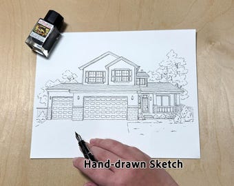 Custom House Sketch from Photo: Hand-Drawn Ink Home Portrait, Original Pen and Ink